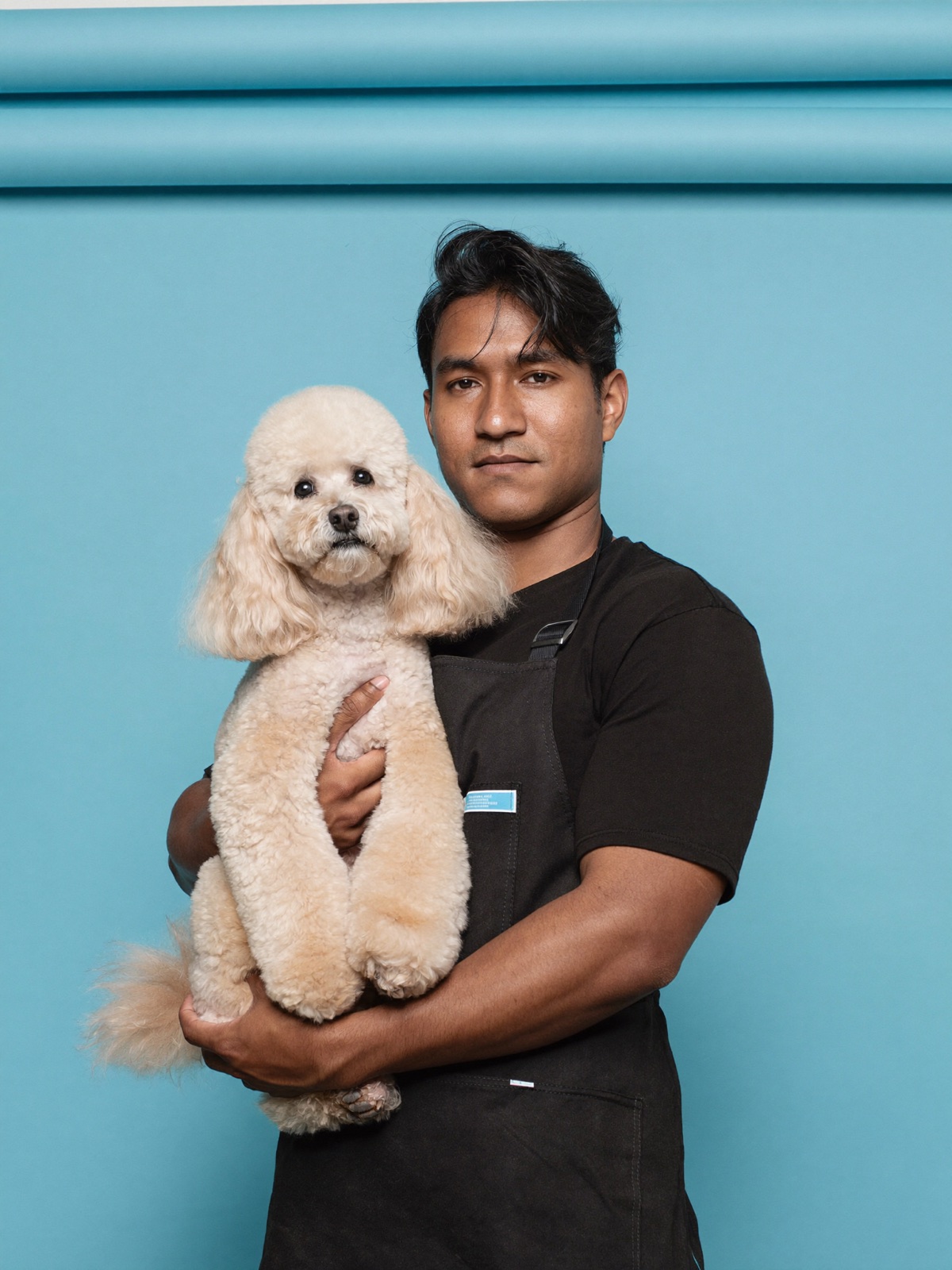 A Charlie master with a freshly groomed poodle